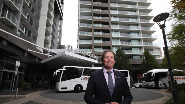 Accor Hotels General Manager Llewellyn Wyeth outside the Pullman Hotel in Adelaide. Picture: AAP Image/Kelly Barnes