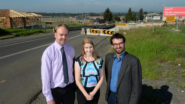 Former Campbelltown mayor Clinton Mead, Camden Mayor Lara Symkowiak and former Wollondilly Mayor Benn Banasik called for the construction of the Spring Farm parkway in 2014. Picture: Robert Pozo