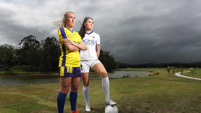 Gold Coast United players Deeanna Thompson and Eloise Fryer at Tallebudgera's Coplick Family Sports Park, the teams new home ground. Picture Glenn Hampson.