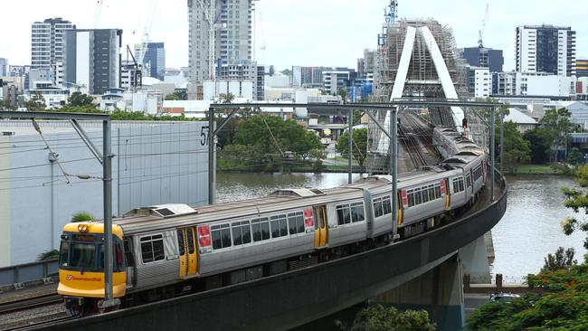 Scaffolding covers the Merivale Bridge, between South Brisbane and Roma Street train stations. Picture: Liam Kidston