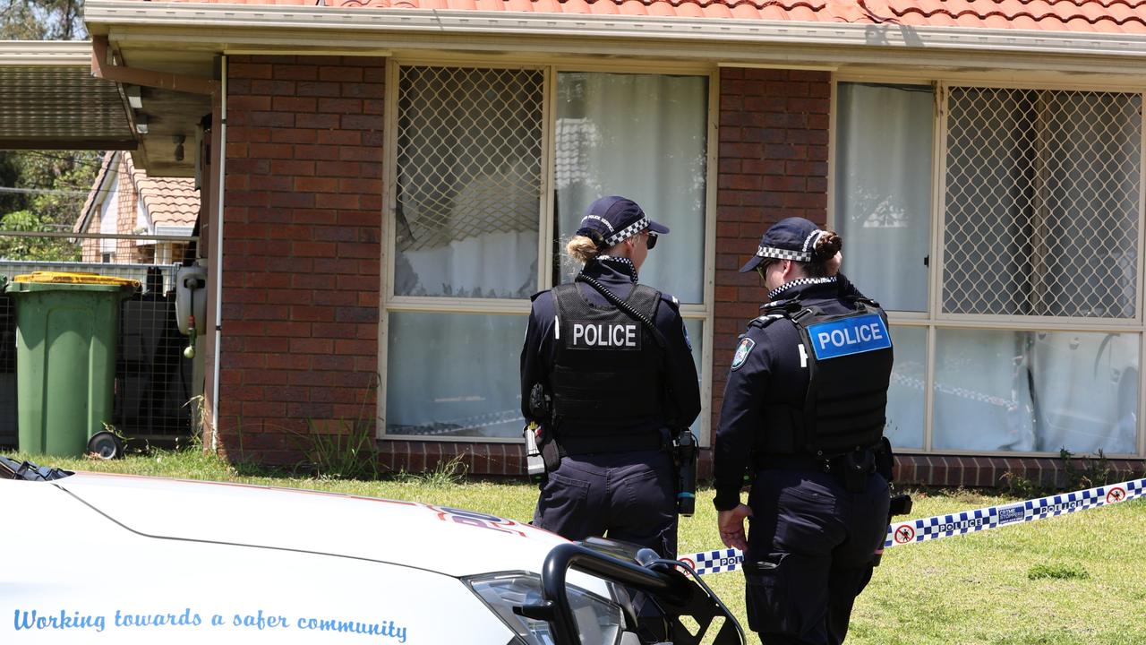 Police on scene at a Bix Court address at Crestmead where a man was shot by police. Picture: David Clark