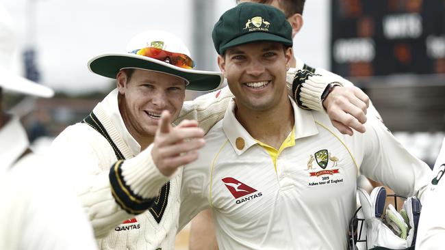 Steve Smith and Alex Carey of Australia during a day three of the Tour Match between Derbyshire CCC and Australia at The County Ground in August. Picture: Getty Images