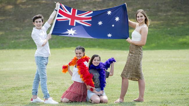 Famous Performing Arts Studio students left to right: Oscar Langmar, 14, Chelsea Earle, 12, Ellie Lazanas, 12, and Annabelle Gross, 16, will perform some Aussie classics. Picture: Troy Snook.