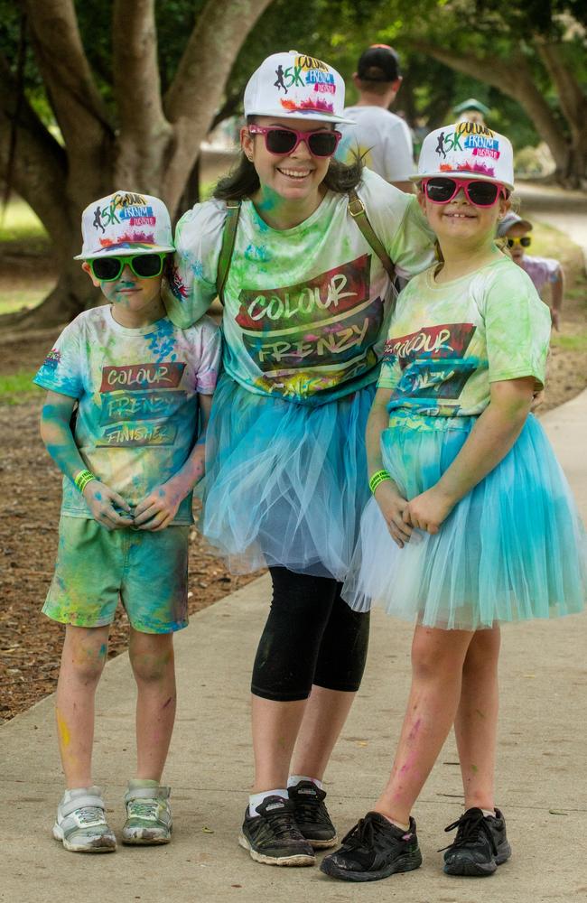 Mason Sleeman, Miranda Anderson and Shelby Anderson from Beaconsfield at the Mackay Colour Run 2021.Picture: Michaela Harlow