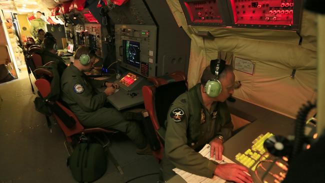 Members of the RAAF No. 292 Squadron aboard an AP-3C Orion on a surveillance mission over the Indian Ocean. Picture: Defence