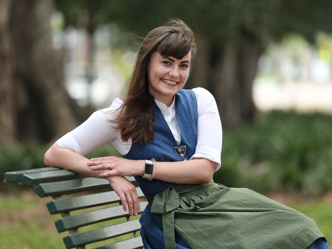 23/01/2020. Swiss-German Anna Luedi, a teacher at St Mary's school in North Sydney is becoming an Australian citizen this year. Photographed in traditional German dress at St Leonards Park in North Sydney. Britta Campion / The Australian