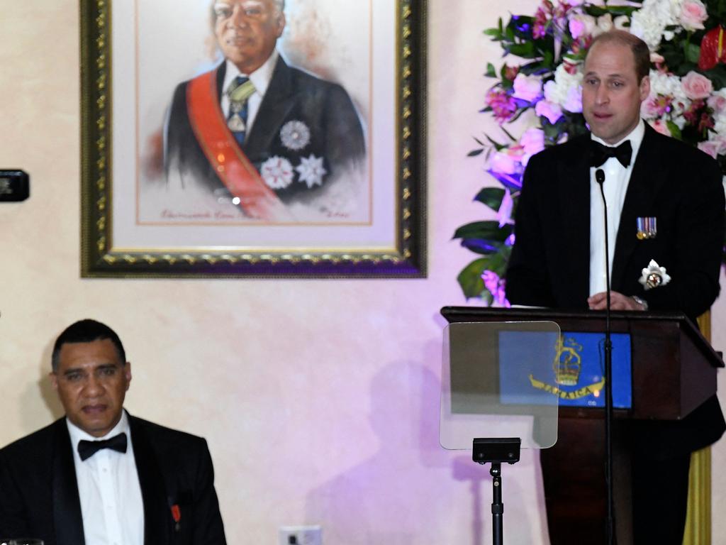 Prince William delivered a landmark speech, flanked by Jamaican Prime Minister Andrew Holness, during a state dinner at Kings House. Picture: Ricardo Makyn / AFP