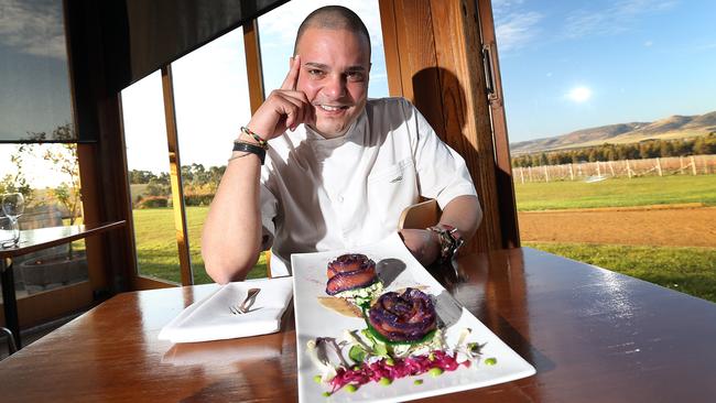 Frogmore Creek head chef Ruben Koopman with a dish called Smell the Roses. pic Sam Rosewarne