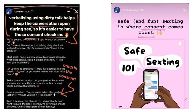 Tips for ‘sexy time talk’ on the Consent Labs page. Picture: Supplied