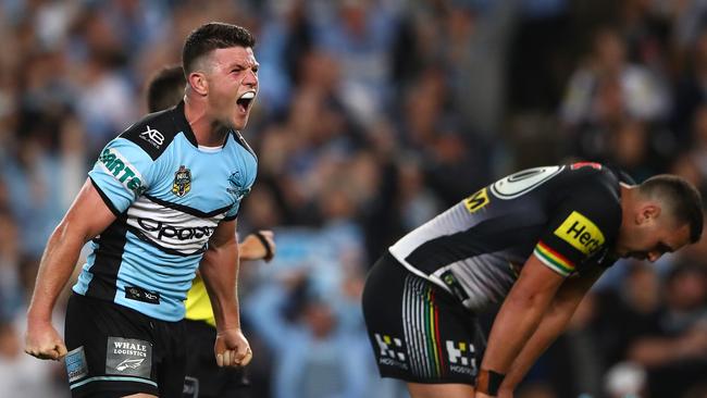 Sharks halfback Chad Townsend celebrates Cronulla’s semi-final win against the Panthers at Allianz Stadium. Picture: Getty Images