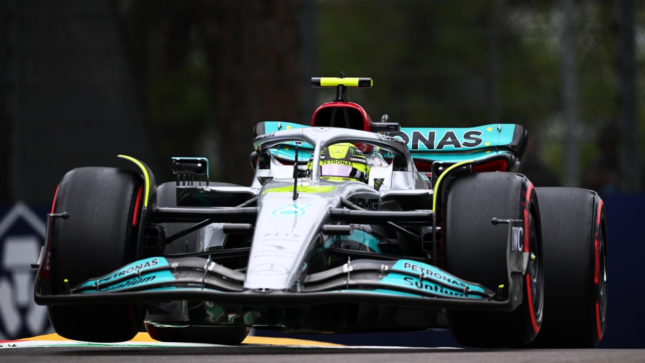 IMOLA, ITALY - APRIL 22: Lewis Hamilton of Great Britain driving the (44) Mercedes AMG Petronas F1 Team W13 on track during qualifying ahead of the F1 Grand Prix of Emilia Romagna at Autodromo Enzo e Dino Ferrari on April 22, 2022 in Imola, Italy. (Photo by Clive Mason/Getty Images)