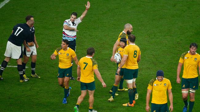 Referee Craig Joubert awards Australia a controversial late penalty during their 2015 Rugby World Cup quarter-final against Scotland. Picture: Getty Images