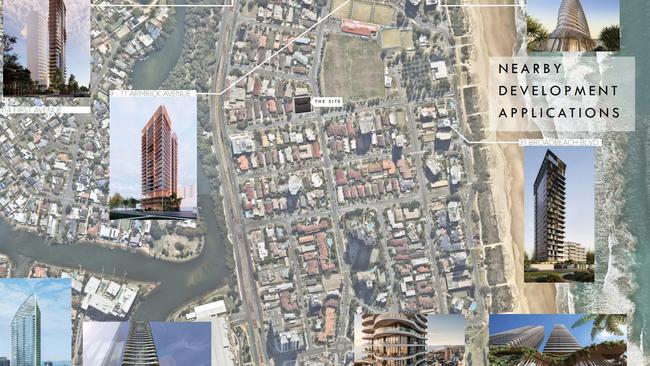 A map showing the eight new towers planned for Broadbeach.