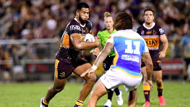 Payne Haas was the best player on the park in Brisbane’s trial loss to the Titans. Picture: Bradley Kanaris/Getty Images.