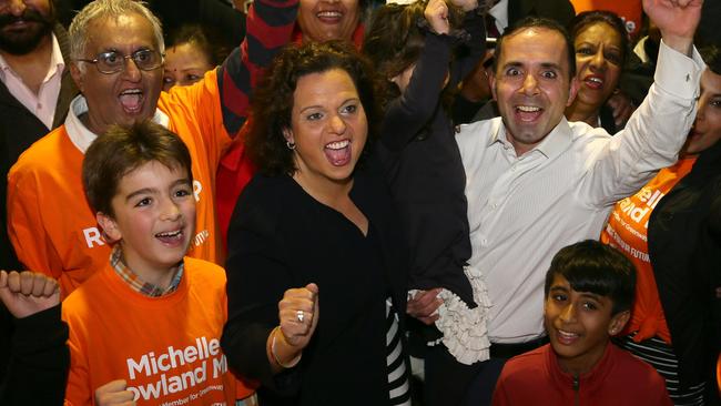 Michelle Rowland celebrates a Labor Party function at the Blacktown RSL with husband Michael and daughter Octavia.