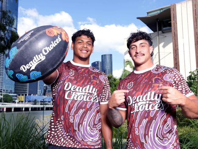 Selwyn Cobbo and  Kotoni Staggs, (Brisbane Broncos),  at the Deadly Choices 2025 Season Launch, Maiwar Green GOMA, Sth Bank, on Thursday 20th February 2025 - Photo Steve Pohlner