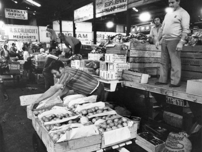 Just before 7am at the East End Market in 1981. Coismo Sacca of Virginia packs tomatoes.