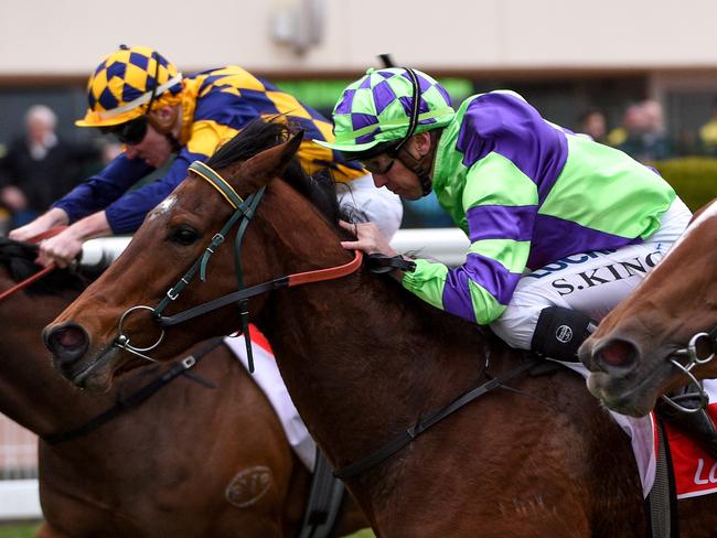 Steven King drives I Am A Star to the line to win the Quezette Stakes in August. Picture: Getty Images