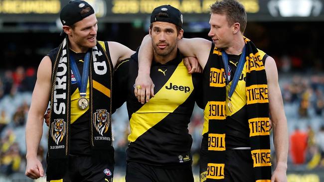 David Astbury, Alex Rance and Dylan Grimes celebrate a Tigers premiership. Picture: Michael Willson/AFL Photos via Getty Images