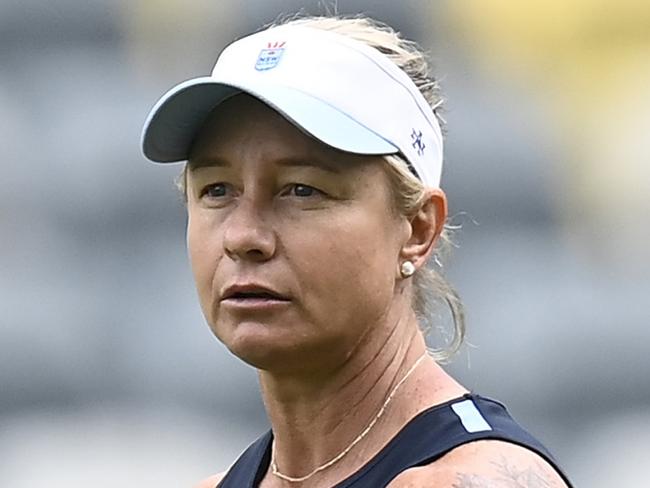 TOWNSVILLE, AUSTRALIA - JUNE 26: Blues coach Kylie Hilder looks on during a New South Wales Sky Blues Women's State of Origin captain's run at Queensland Country Bank Stadium on June 26, 2024 in Townsville, Australia. (Photo by Ian Hitchcock/Getty Images)