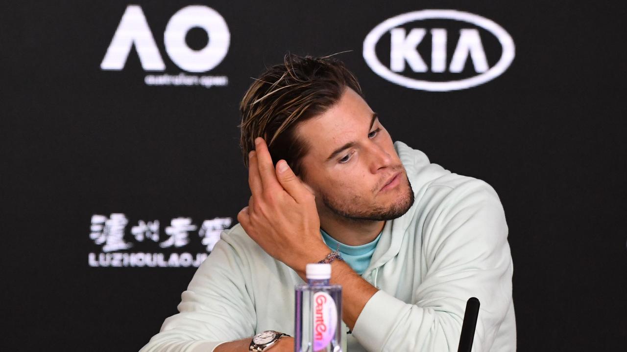 Dominic Thiem reacts during a press conference after losing to Serbia's Novak Djokovic.