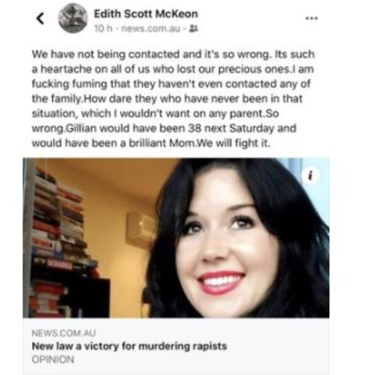 A Facebook post from Jill Meagher's mum Edith McKeon who’s distraught that her daughter’s name could be banned. Picture: Facebook.