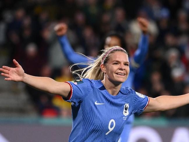 Eugenie Le Sommer celebrates scoring France’s fourth goal against Morocco. Picture: Franck Fife / AFP