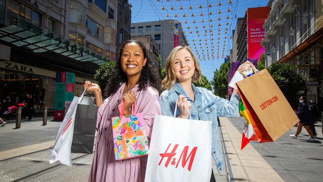 Christmas shoppers Chanelle Murray, 27, and Kristyn DeZilwa, 27, are watching their Christmas spending in the remaining weeks before Christmas. Picture: Mark Stewart.