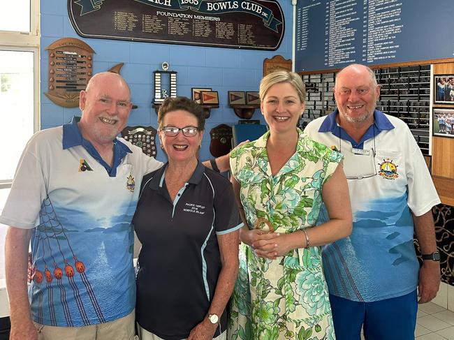 L to R: Airlie Bowls Club Chair John Brown, Margo Stanley, Amanda Camm MP, Vice Chair John Askew.