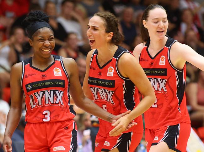 PERTH, AUSTRALIA - MARCH 03: Aari McDonald of the Lynx and Alexandra Ciabattoni of the Lynx celebrate after a three during game two of the WNBL Semi Final series between Perth Lynx and Townsville Fire at Bendat Basketball Stadium, on March 03, 2024, in Perth, Australia. (Photo by James Worsfold/Getty Images)