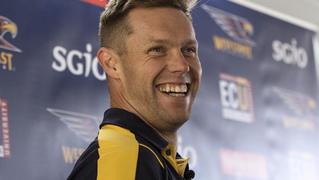 Sam Mitchell was speaking to the media in Perth when the Jobe Watson news broke. Picture: Will Russell