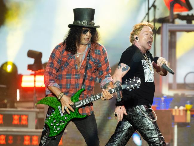 Axl Rose and Slash (L) of Guns N' Roses, pictured here performing on at the 2023 Glastonbury Festival. Picture: WireImage