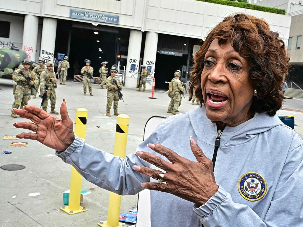 US Representative Maxine Waters, Democrat of California speaks to reporters outside the Metropolitan Detention Center, MDC, in downtown Los Angeles, California. Picture: AFP