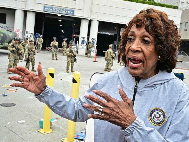 US Representative Maxine Waters, Democrat of California speaks to reporters outside the Metropolitan Detention Center, MDC, in downtown Los Angeles, California. Picture: AFP