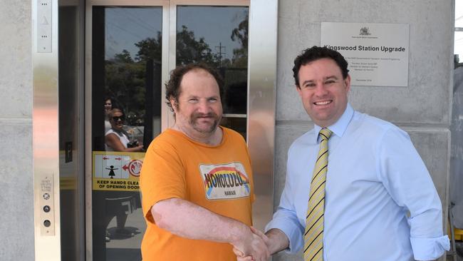 Penrith state Liberal MP Stuart Ayres and Penrith resident Anthony Mulholland open the new lifts at Kingswood station. Picture: Supplied.