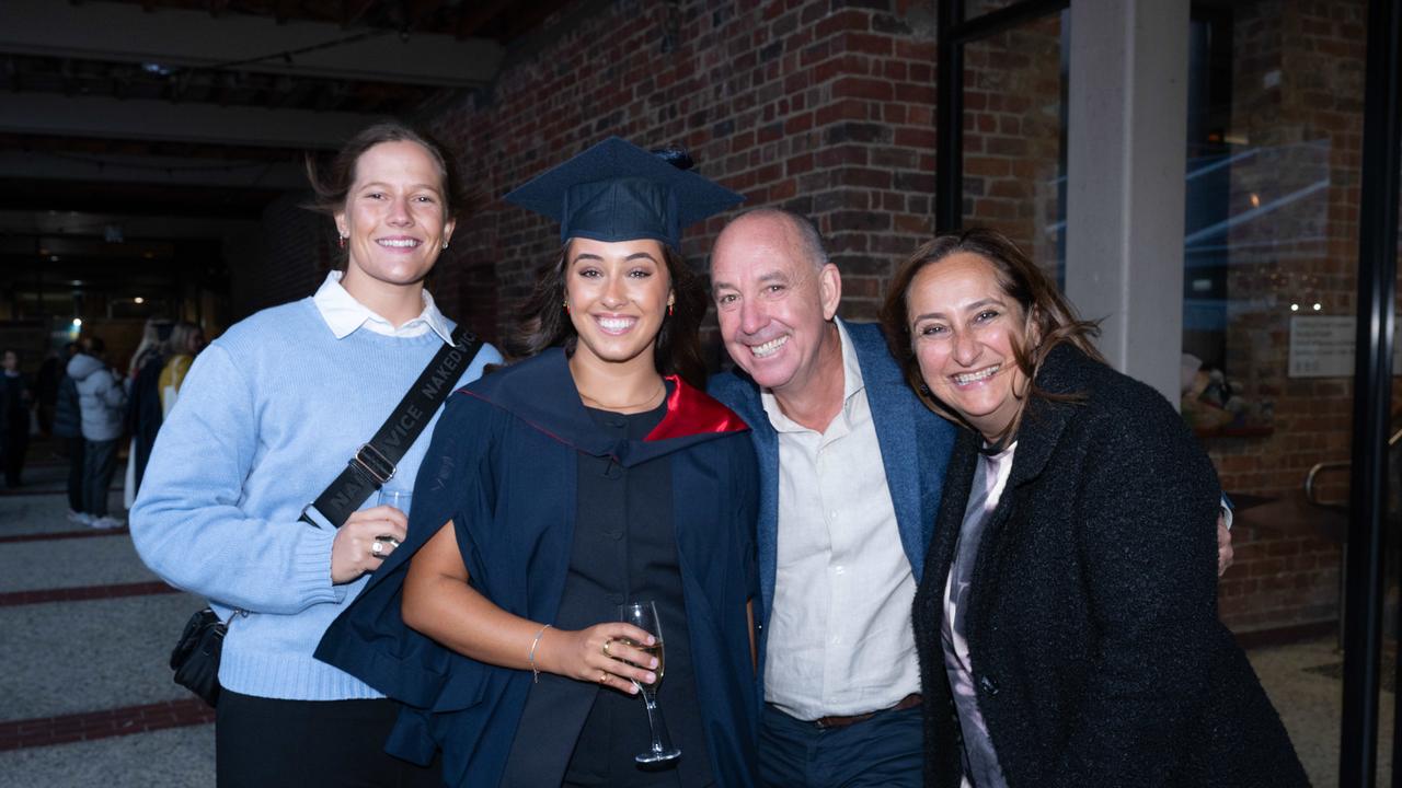 17-09-2024 Deakin University graduation. Paris Rafferty with Olivia, Greg and Marina Feutrill . Picture: Brad Fleet