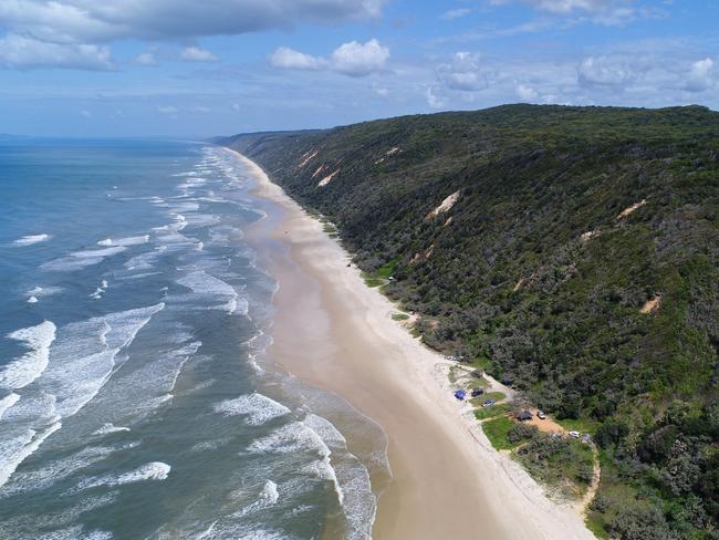 Aerial drone photos of Teewah Beach, Great Sandy National Park, Queensland.