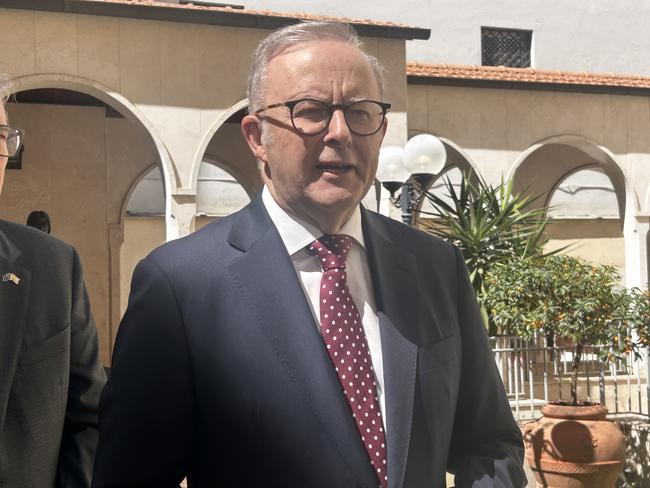 Prime Minister Anthony Albanese speaking in Rome ahead of Pope Leo XIV’s inauguration. Picture: Sophie Elsworth