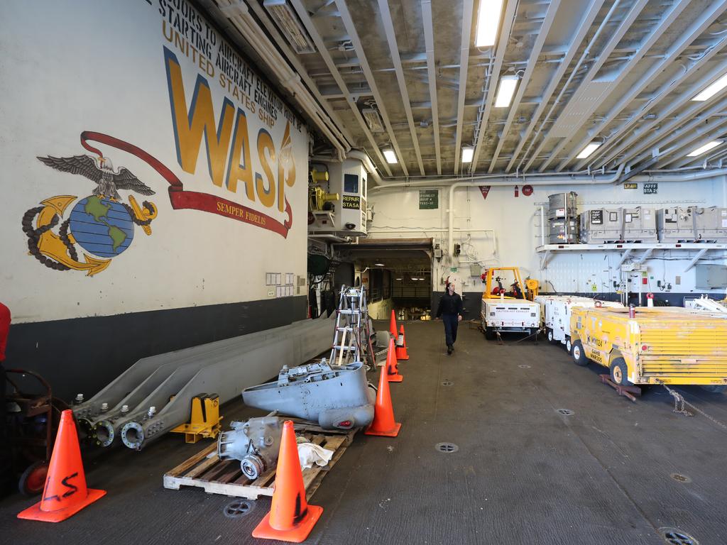 On the lower deck of the ship. Photos on board the USS Wasp. Pic Peter Wallis