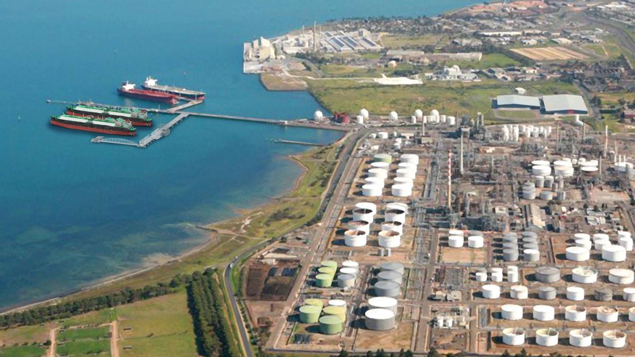 An artist impression of how the Viva Energy gas terminal in Corio could look, with the refinery in the foreground.