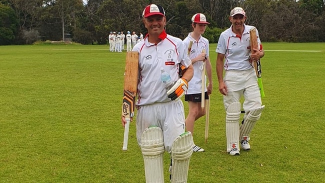 Chris Cay walks off after scoring his 12th century for Balnarring. Picture: Facebook