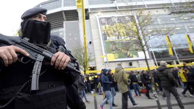 Police patrols outside the stadium during the UEFA Champions League 1st leg quarter-final football match BVB Borussia Dortmund v Monaco.