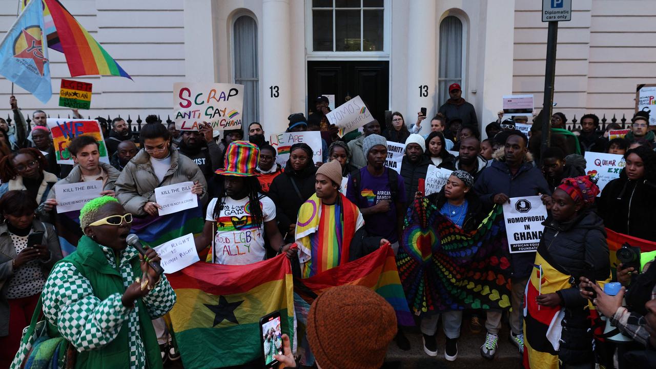 People gather outside the Ghana High Commission in London on March 6, 2024, to protest against Ghana's anti-LGBTQ+ bill. Picture: Adrian DENNIS / AFP