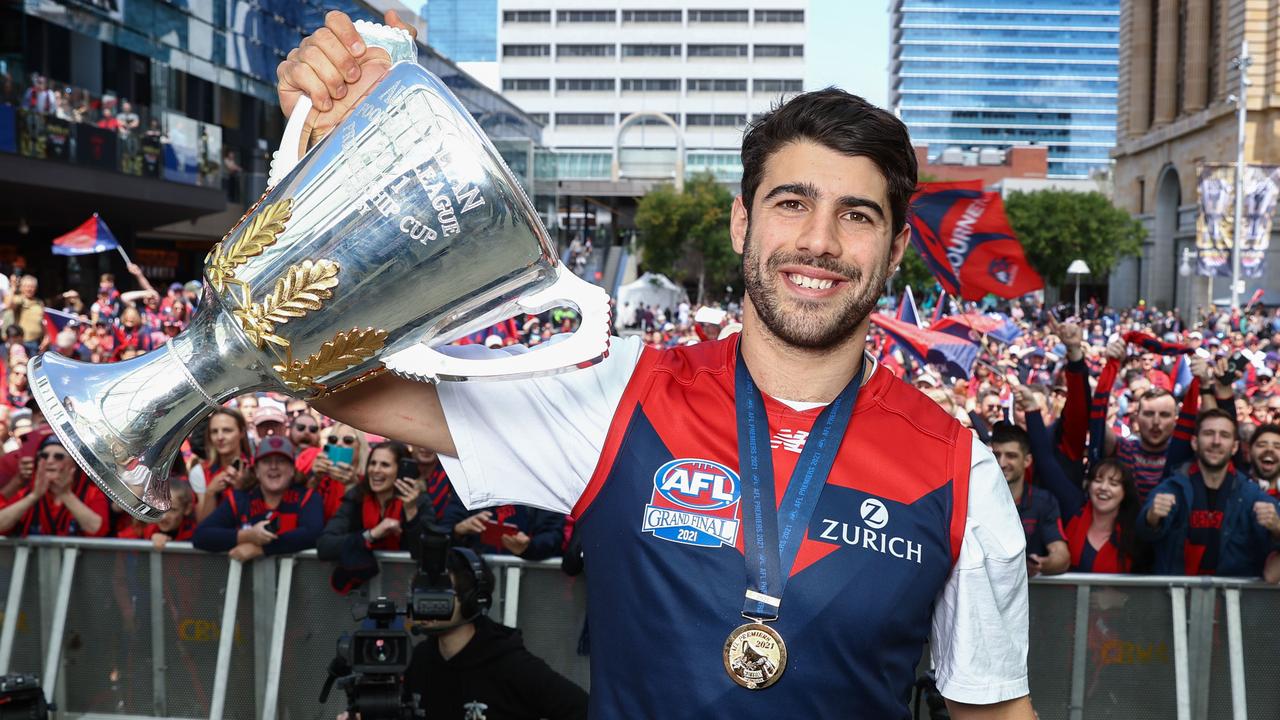 PERTH. 26/09/2021. The day after the AFL Grand Final. Melbourne players are presented to the fans in Forrest Chase, Perth. Christian Petracca holds the cup at todays family day . Photo by Michael Klein
