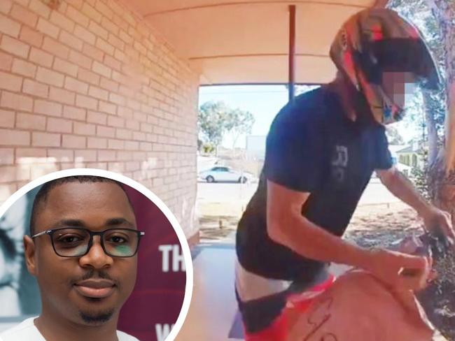 Artwork for man on a scooter, watched by an accomplice, takes a package from the Camden Park home of Tochi Ijomah 15 minutes after it was delivered. Picture: Supplied