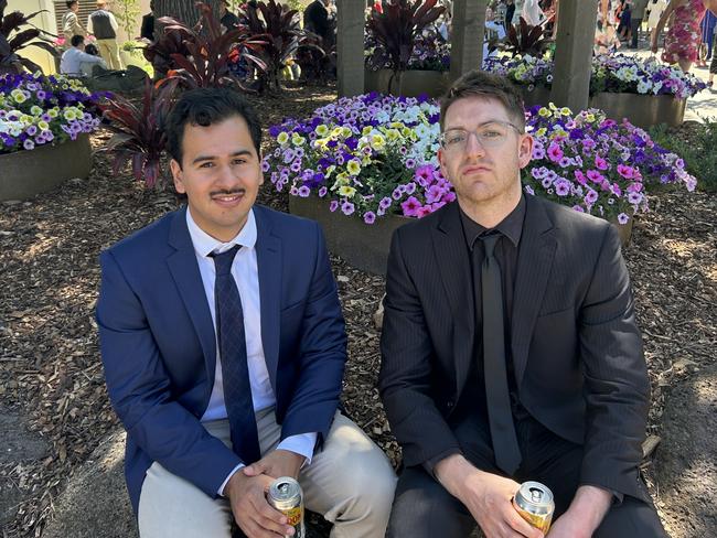 Lachie McDonald and Juan Escobar enjoying the Melbourne Cup. Picture: Oscar Jaeger