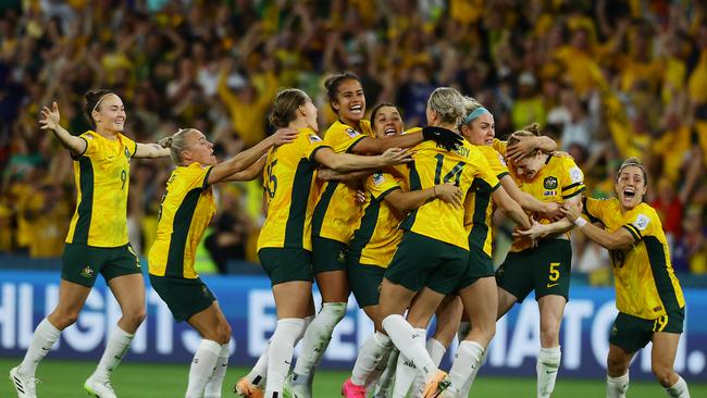 Matildas celebrate winning the FIFA Womens World Cup Quarter final match between against France at Brisbane Stadium. Picture Lachie Millard