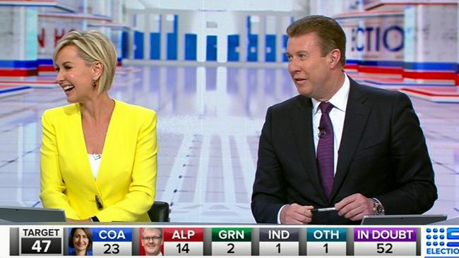 Deb Knight and Peter Overton during Nine’s NSW state election coverage last weekend.