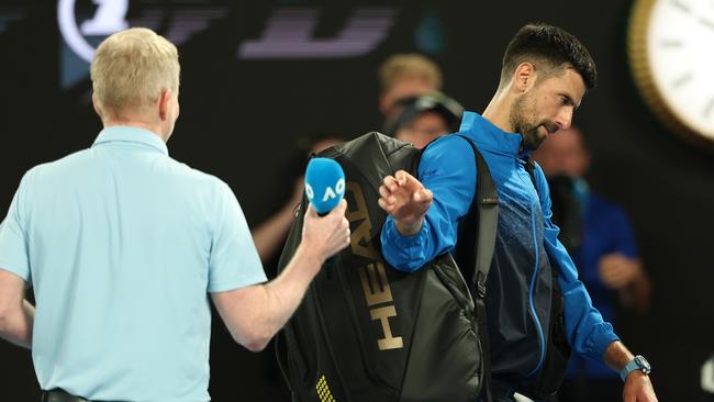 MELBOURNE, AUSTRALIA - JANUARY 19: Novak Djokovic of Serbia leaves Rod Laver Arena after speaking to the crowd following victory against Jiri Lehecka of the Czech Republic in the Men's Singles Fourth Round match during day eight of the 2025 Australian Open at Melbourne Park on January 19, 2025 in Melbourne, Australia. (Photo by Cameron Spencer/Getty Images)