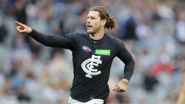 Bryce Gibbs celebrates kicking a goal for Carlton against Collingwood at the MCG last year. Picture: Scott Barbour (AFL Media/Getty Images)